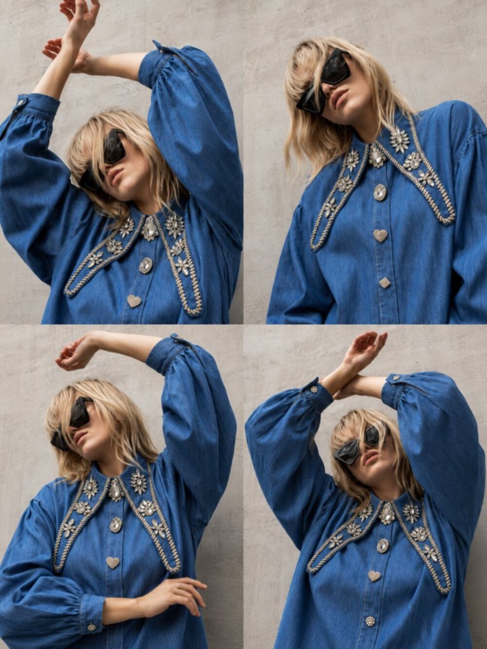 Rhinestone Denim Blouse Shirt Crystal Buttons Oversize Y2K Festive